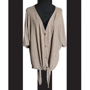 OLRIK Womens Shirt V-Neck Waffle Knit Short Dolman Sleeve Tie Front Tan 2X